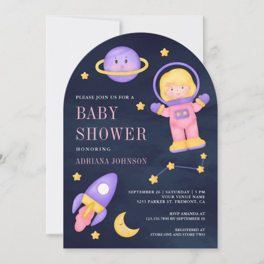 宇宙ピンクガール宇宙飛行士海軍アーチベイビーシャワー 招待状 (正面)
