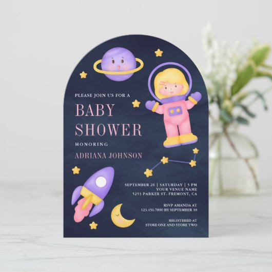 宇宙ピンクガール宇宙飛行士海軍アーチベイビーシャワー 招待状 (スタンド正面)