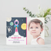 宇宙ピンクガール 1歳誕生日招待状 招待状 (スタンド正面)