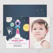 宇宙ピンクガール 1歳誕生日招待状 招待状 (正面/裏面)
