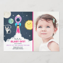 宇宙ピンクガール 1歳誕生日招待状 招待状