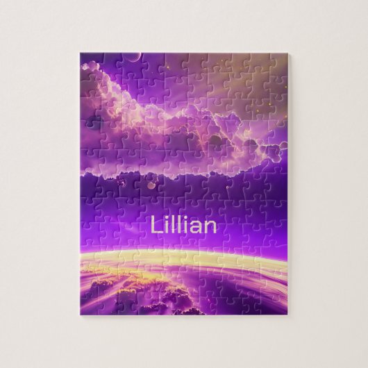 宇宙ピンクパープル魔法おもしろい驚くべき宇宙 ジグソーパズル (縦)