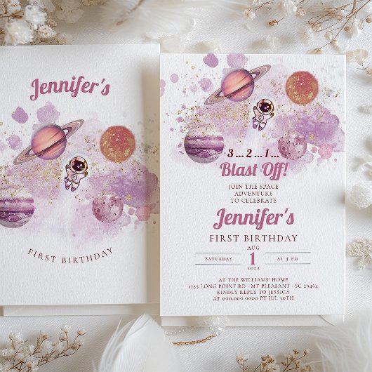 宇宙ピンク系惑星ガールファースト誕生日 招待状