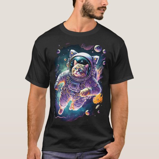 宇宙ファンキー宇宙猫宇宙飛行士キャットグラフィック Tシャツ (正面)