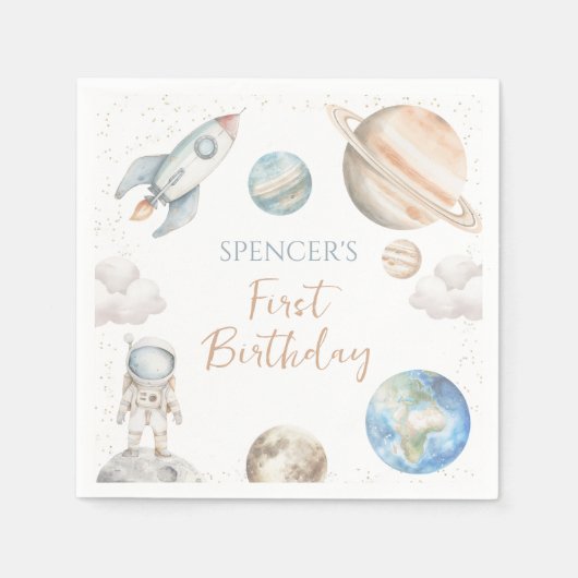 宇宙ファーストのまわりにトリップサンボーイ1歳の誕生日 スタンダードカクテルナプキン (正面)