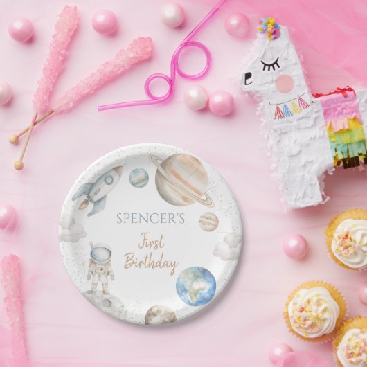 宇宙ファーストのまわりにトリップサンボーイ1歳の誕生日 ペーパープレート (パーティー)