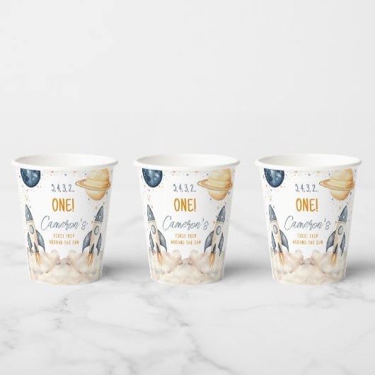 宇宙ファーストのまわりにトリップザサンバースデーパーティー 紙コップ (複数)