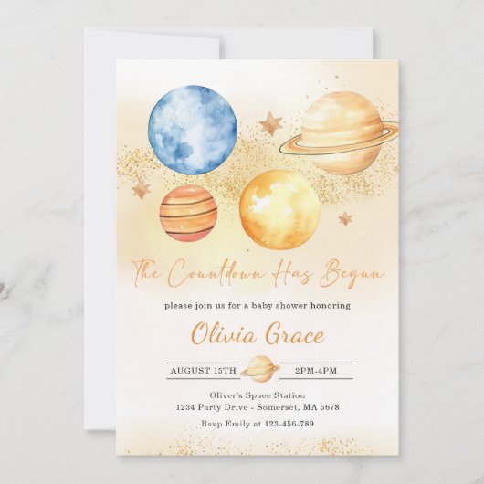 宇宙ファーストトリップのまわりにザサンベビーシャワー 招待状 (正面)