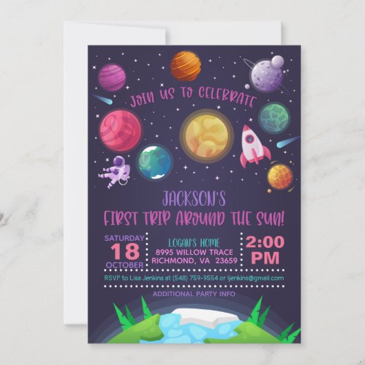 宇宙ファースト誕生日招待状ファーストトリップガール 招待状 (正面)