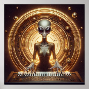 宇宙フェメールエイリアンビューティフルゴールデンドレス ポスター