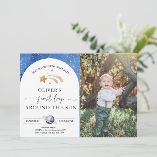 宇宙フォト誕生日招待状 |最初の旅 招待状 (スタンド正面)
