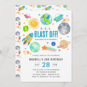 宇宙ブラストオフロケットキッドバースデーパーティー 招待状 (正面/裏面)