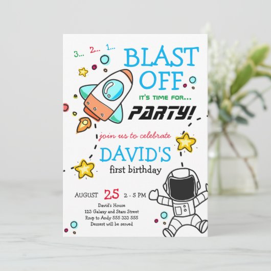 宇宙ブラストオフロケットボーイファースト誕生日 招待状 (スタンド正面)