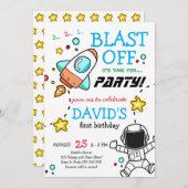 宇宙ブラストオフロケットボーイファースト誕生日 招待状 (正面/裏面)