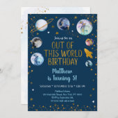 宇宙ブルー金ゴールドアウトオブザワールド誕生日 招待状 (正面/裏面)