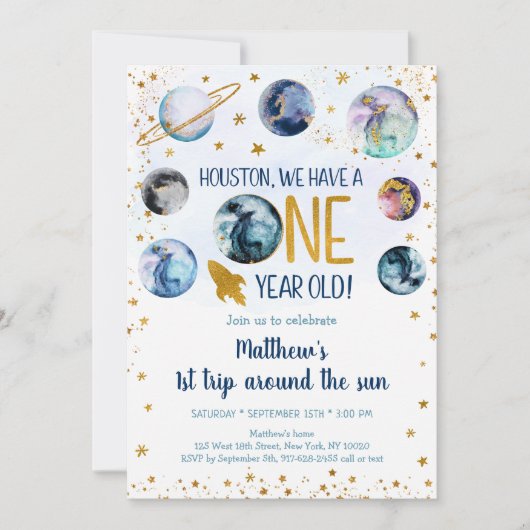 宇宙ブルー金ゴールドファーストトリッのまわりにプザサン 招待状 (正面)