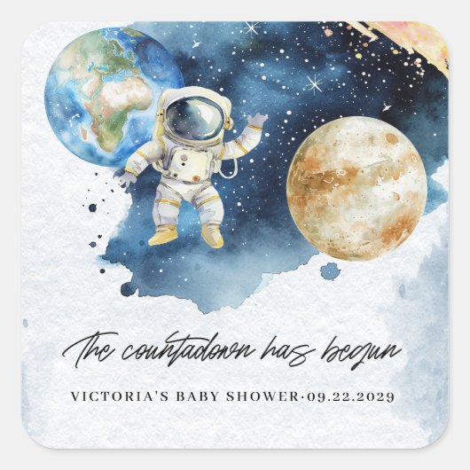 宇宙プラネタズカウントダウンベビーシャワー スクエアシール (正面)