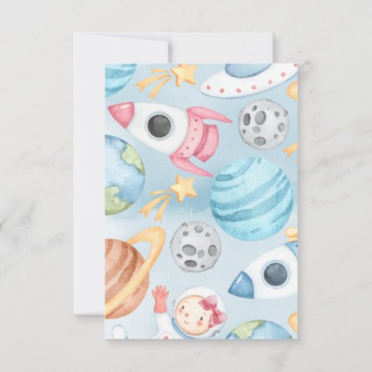 宇宙プラネットピンクガールブックリクエストカードベビー 招待状 (裏面)