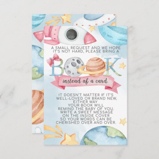 宇宙プラネットピンクガールブックリクエストカードベビー 招待状 (正面/裏面)