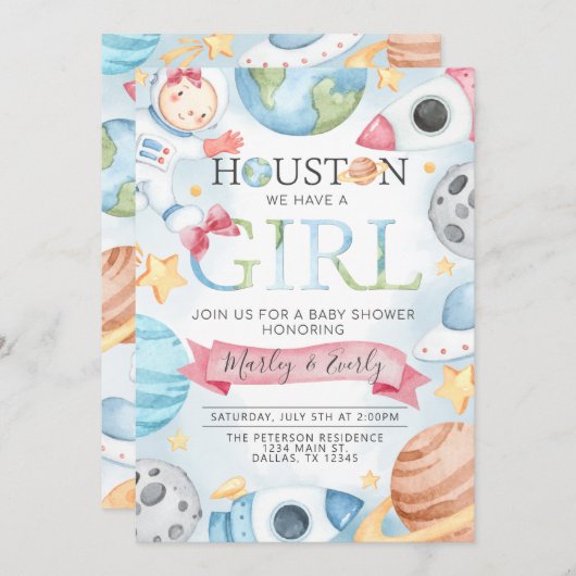 宇宙プラネツピンクガールベビーシャワー招待状 招待状 (正面/裏面)