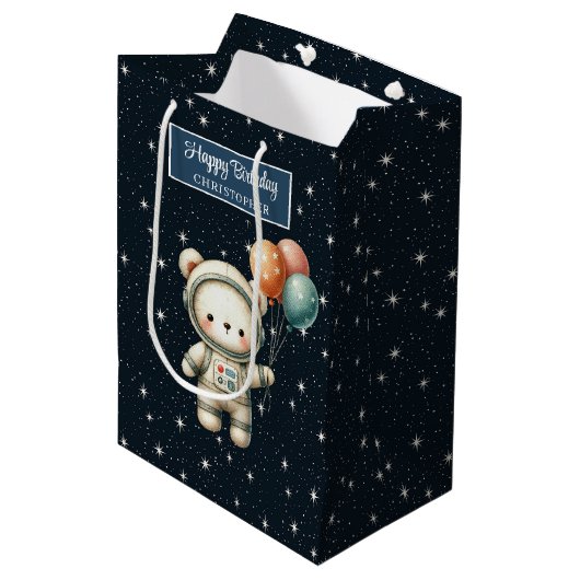 宇宙ベアパーティー抱き枕のためのリトル誕生日ボーイ ミディアムペーパーバッグ (正面アングル)