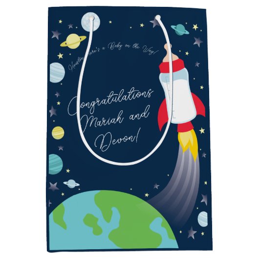 宇宙ベビーシャワーボトルロケット宇宙船 ミディアムペーパーバッグ (正面)