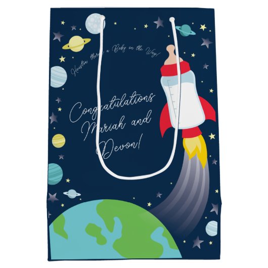 宇宙ベビーシャワーボトルロケット宇宙船 ミディアムペーパーバッグ (裏面)