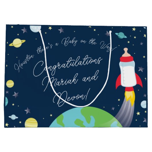 宇宙ベビーシャワーボトルロケット宇宙船 ラージペーパーバッグ (裏面)