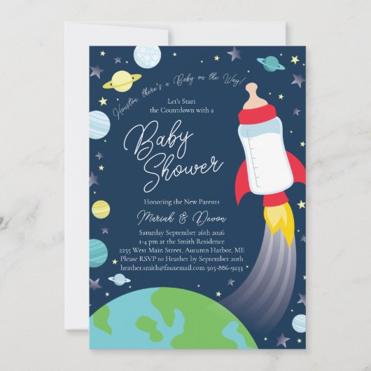 宇宙ベビーシャワーボトルロケット宇宙船 招待状 (正面)