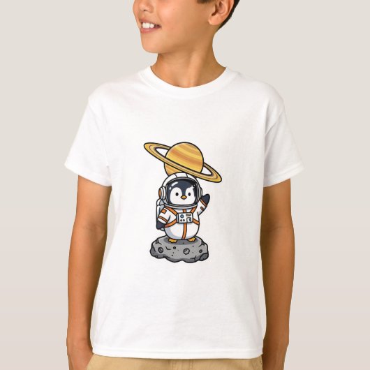宇宙ペンギン宇宙飛行士土星キッズ Tシャツ (正面)