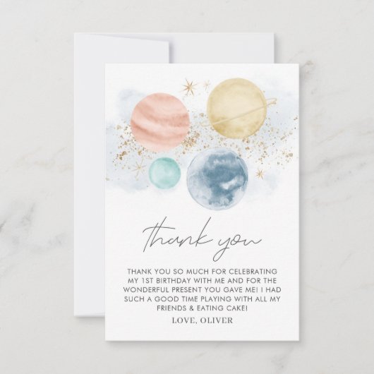 宇宙ボーイズ誕生日フラットサンキューカード サンキューカード (正面)