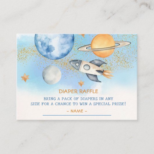 宇宙ボーイズ赤ちゃんシャワーおむつラッフルチケット エンクロージャーカード (正面)