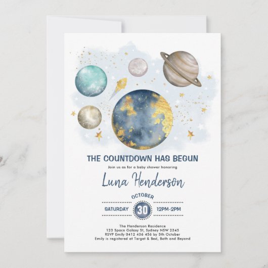 宇宙ボーイベビーシャワームーンスターズ銀河系ネイビー 招待状 (正面)