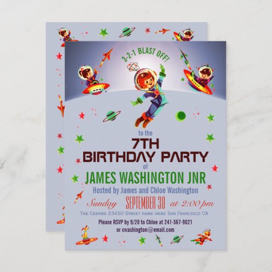 宇宙ボーイ第7誕生日パーティー 招待状 (正面/裏面)