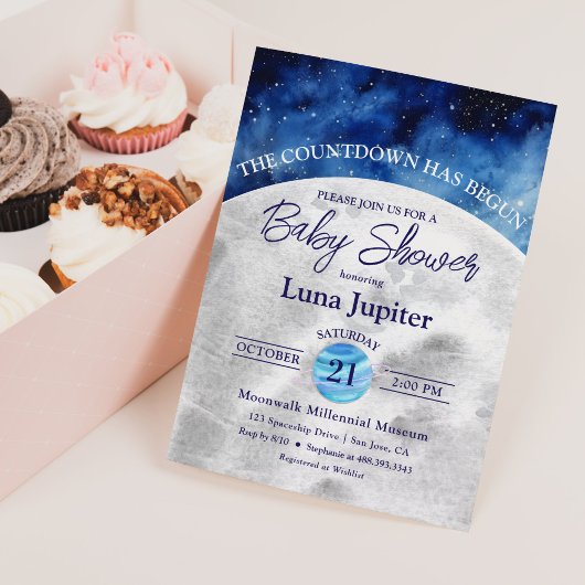 宇宙ムーンアンドスターズカウントダウンベビーシャワー 招待状