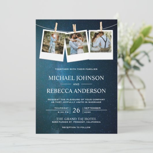 宇宙ユニバースブルー銀河系フォトコラージュ結婚ズ 招待状 (スタンド正面)