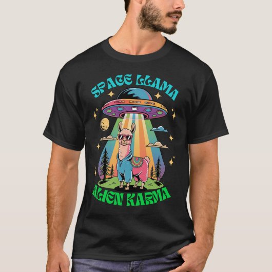 宇宙ラマエイリアンカルマラおもしろいマUFOレトロ Tシャツ (正面)