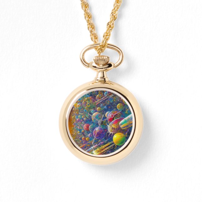 宇宙レース金ゴールドネックレスウォッチw番号 腕時計 (正面)