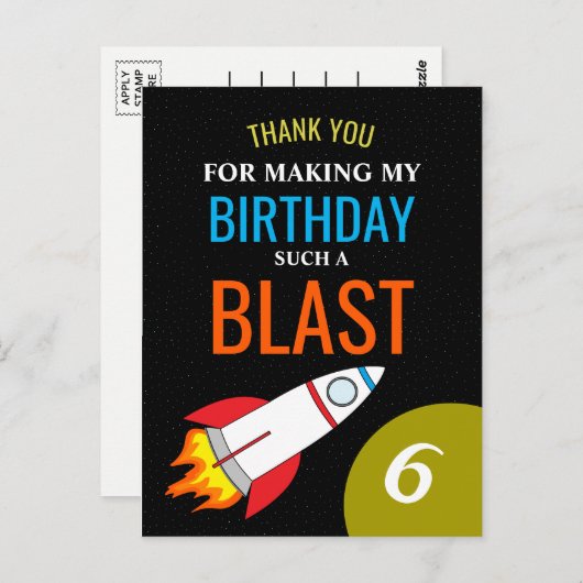 宇宙ロケットからムーンキッドの誕生日ありがとう ポストカード (正面/裏面)