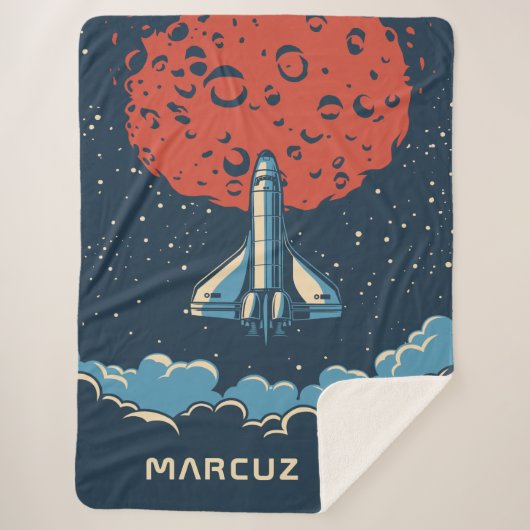 宇宙ロケットから赤い惑星カスタムに男の子のための毛布 シェルパブランケット (正面)