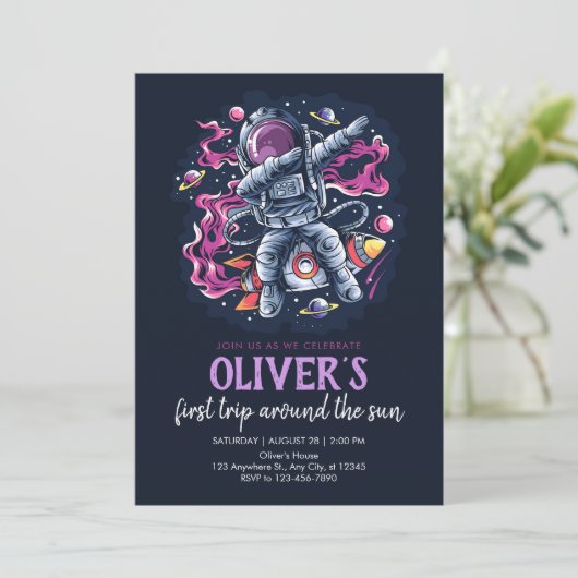 宇宙ロケットに乗った宇宙飛行士と星と惑星 招待状 (スタンド正面)