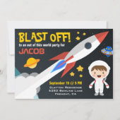 宇宙ロケットのモダンボーイズ誕生日パーティー 招待状 (正面)