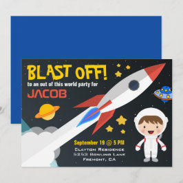 宇宙ロケットのモダンボーイズ誕生日パーティー 招待状