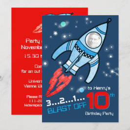宇宙ロケットの子どもたち10歳の誕生日の青い招待状 招待状