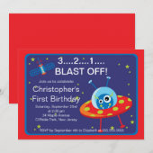 宇宙ロケットの誕生日パーティー招待状 招待状 (正面/裏面)