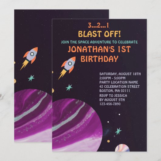 宇宙ロケットの誕生日パーティー 招待状 (正面/裏面)