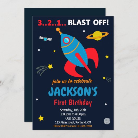 宇宙ロケットの誕生日招待状を爆発させる 招待状 (正面/裏面)