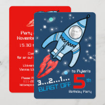 宇宙ロケットの5歳誕生日の青い赤い招待状