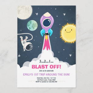 宇宙ロケットガールピンク誕生日招待状 招待状