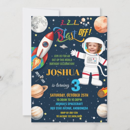 宇宙ロケット惑星宇宙飛行士誕生日写真 招待状 (正面)